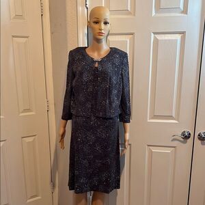 Alex Evening  Gray Knee Length Sparkling Dress & 3/4 Sleeve Jacket Set Sz 10
